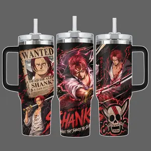 Red Hair Shanks Anime Stainless Steel Insulated Tumbler Cup, Wanted Poster Haki Full Wrap Design, 20oz/40oz with Straw Lid, 40oz with Handle, Gift for OPiece Fans