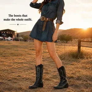 Maiqi Women's Black Western Cowboy Boots Embroidered Studded Pointed Toe Mid Calf Vintage Cowgirl Boots for Country Concert Festival Daily Wear