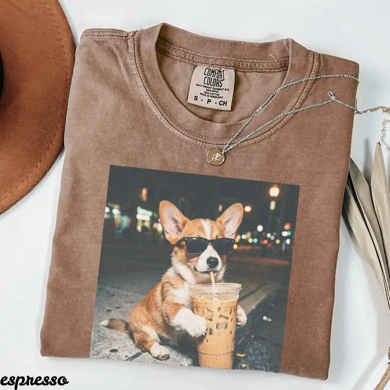 Comfort Colors Funny Corgi Drinking Iced Coffee TShirt, Funny Dog Lover Gift, Corgi Mom Tee, Dog Meme Graphic, Trendy Pet T-Shirt, Dog Mom Tee