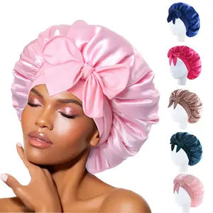 Silk Hat Bow for Women Sleep Hair Large Care Bonnet for Long Curly Hair Double Layer Wrap Soft Elastic Band Non-Slip Sleep Cap NONE