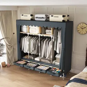 portable wardrobe closet with 4 Hanging Rods and Drawers, Armoire, Metal Storage Wardrobe Hangers, Upgraded Grey Non-Woven Dust Cover for Handing Closet,Large Closets for Bedroom