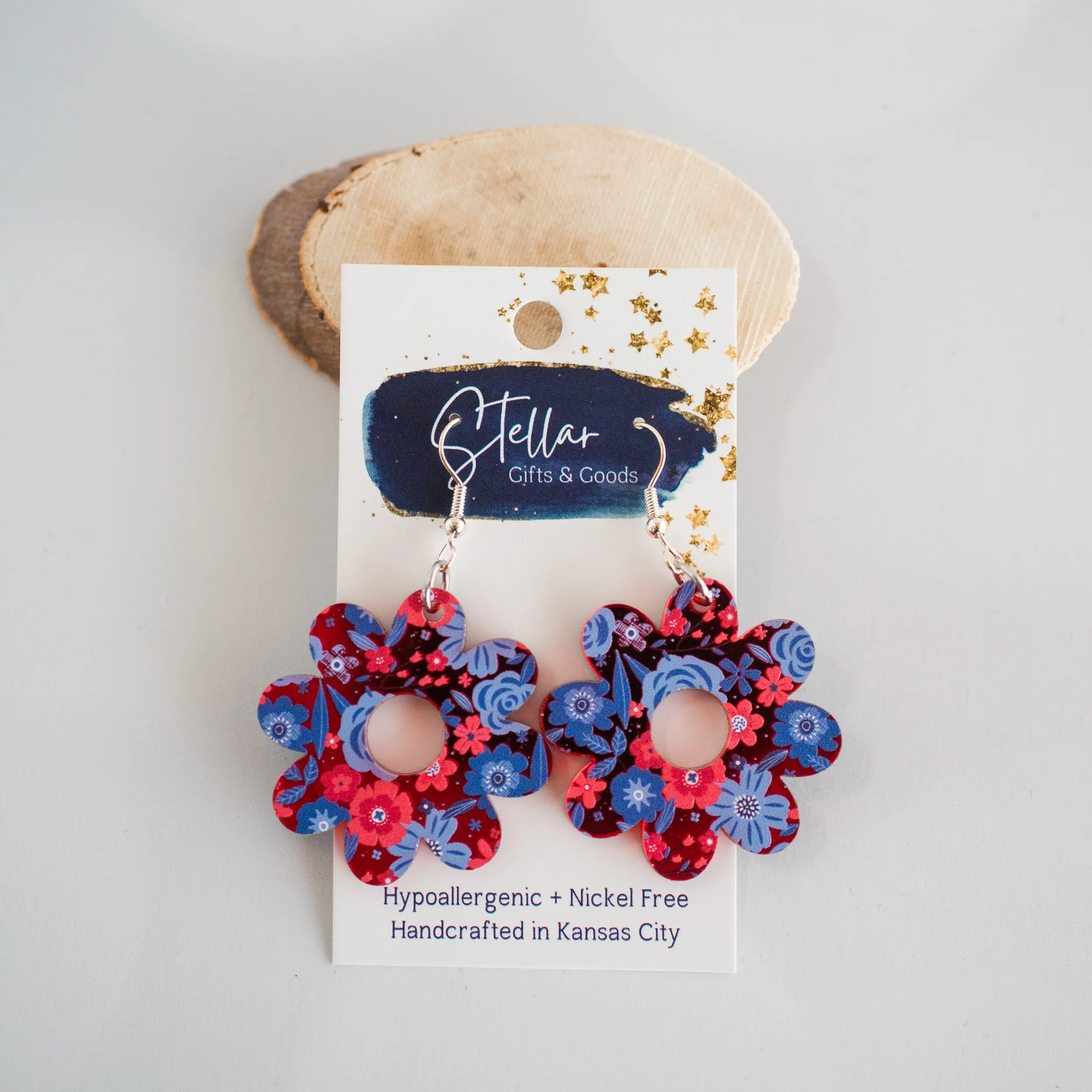 Americana Red & Blue Mirror Floral Medium Daisy Dangle Earrings