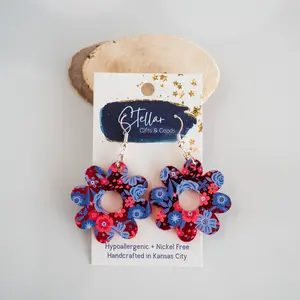 Americana Red & Blue Mirror Floral Medium Daisy Dangle Earrings