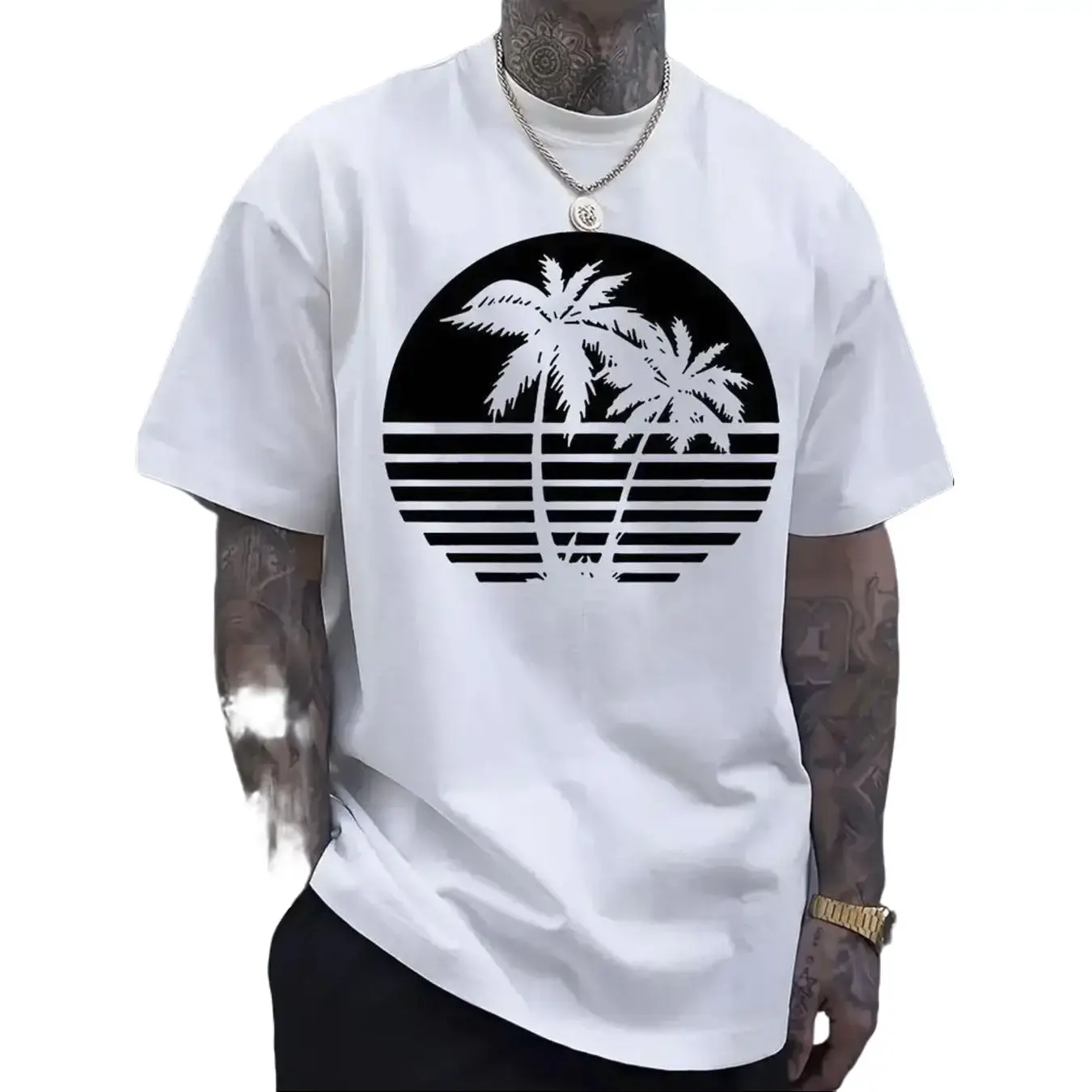 Men's Navy Blue Tropical Coconut Tree & Striped Sunset Print Menswear Streetwear Short-Sleeve T-Shirt, Casual Round Neck Sports Top, Shortsleeve# soft cotton short sleeve   # casual t-shirt