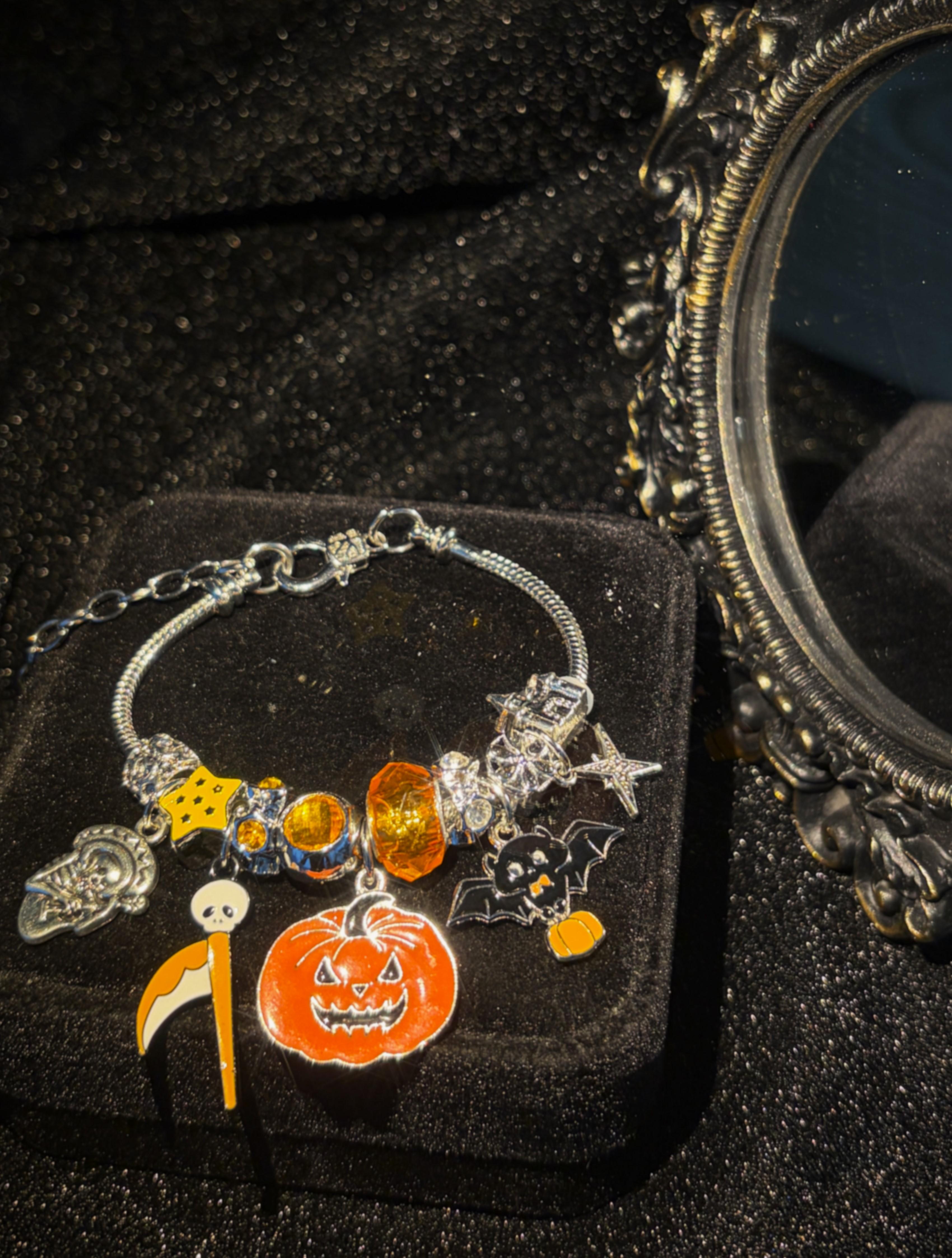 Halloween Charm Bracelet, Silver Tone Snake Chain Bracelet with Pumpkin Bat Scythe Star Enamel Charms, DIY Large Hole Beads Costume Jewelry Gift for Women Teen Girls Halloween Charm Bracelet, Silver Tone Snake Chain Bracelet with Pumpkin Bat Scythe Star Enamel Charms, DIY Large Hole Beads Costume Jewelry Gift for Women Teen Girls