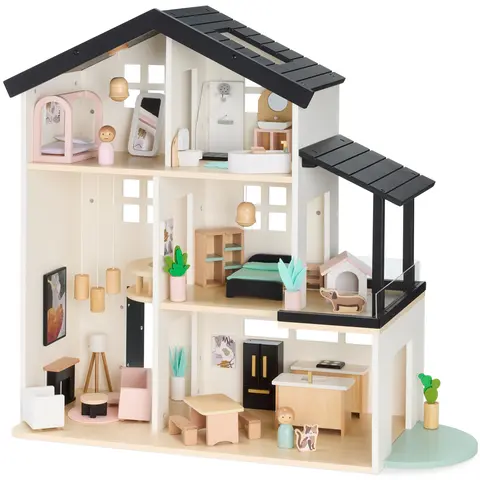 Best Choice Products Pretend Play Wooden Doll House w/ 40 Interactive Accessories, 3-Story Modern Toy Dollhouse Playset