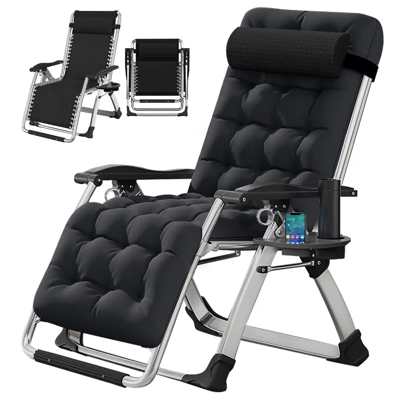 DoCred Adults' Reclining Patio Chair - Single Seat Adjustable Back Portable Beach Tanning Chair, Sunbathing Chaise Lounge, Portable Sun Lounger with Removable Cushion, Tray, Thick Armrest, Easy Fold for Indoor, Patio Use