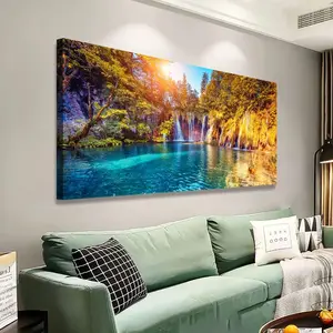 Lake Waterfall Natural Picture Wall Art Landscape Canvas Prints Painting Home Decor Tree Picture for Living Room Bedroom Kitchen Office Decoration 16x32 Wooden Frames Artwork Ready to Hanging