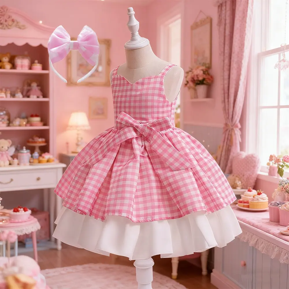 5566 Children's New Barbie The Movie Girls Dress For 3-10 Yrs Girl Pink Plaid Halter Dress Fashion Kid Dress 2PCS Dress+Headband
