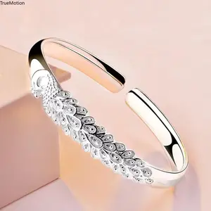 925 Sterling Silver Peacock Feather Open Bangle - Adjustable Luxury Textured Bracelet for Women Party, Birthday & Anniversary Gifts