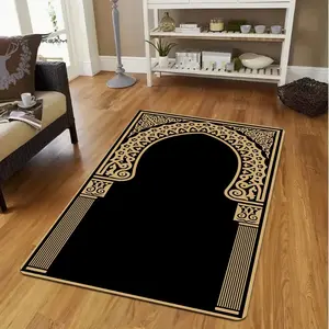 Luxury Black Gold Islamic Prayer Rug - Traditional Mosque Mihrab Pattern Soft Mat for Muslim Worship, Non-Slip Spiritual Home Decor, Muslim Prayer Rugs#IslamicPrayerRug #MihrabPatternMat #MuslimWorshipDecor #MosqueStyleCarpet #NonSlipFlannelRug
