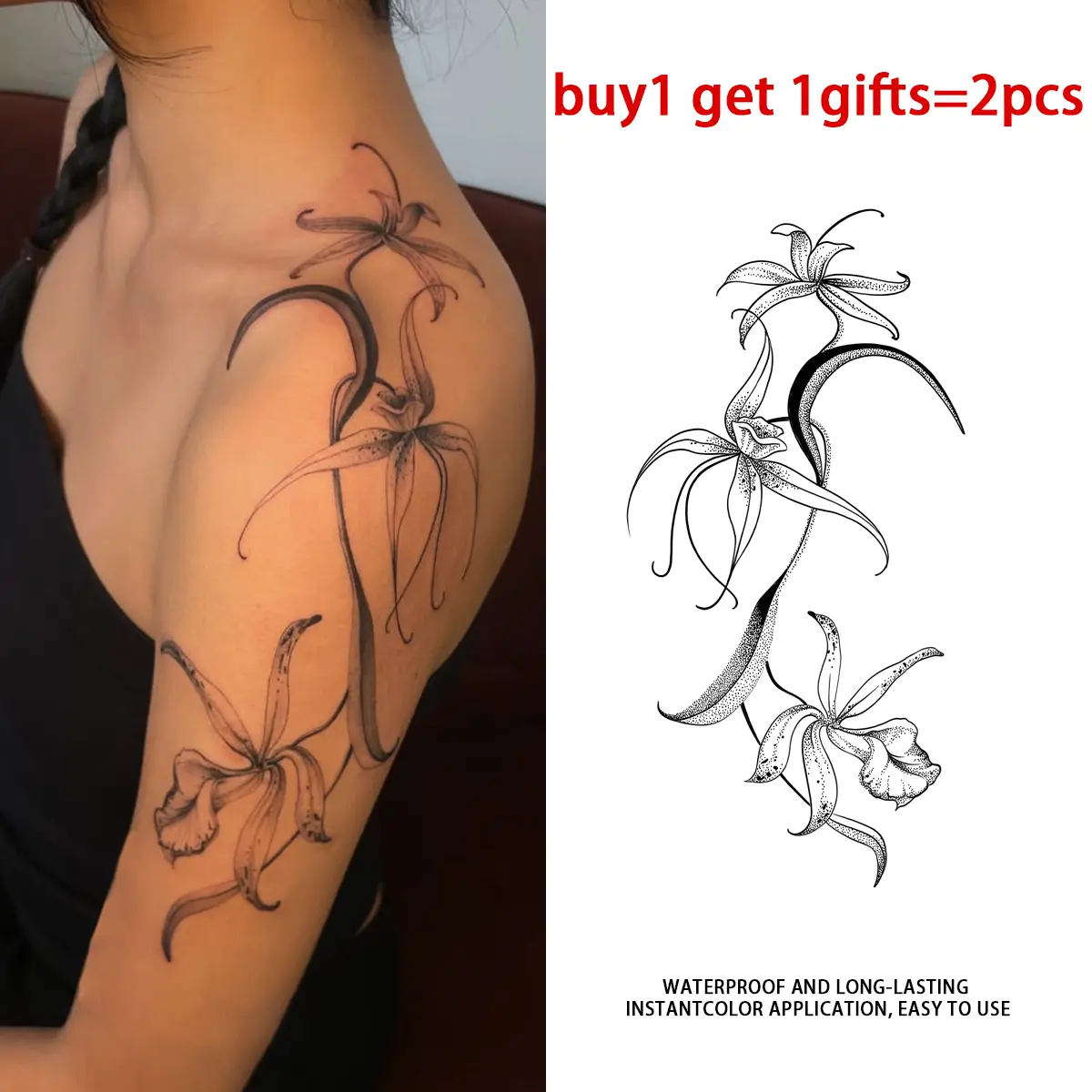 Orchid Line Series Temporary Tattoo Stickers - 2 Sheets Semi-Permanent Waterproof Realistic Fake Tattoos, Single Item for Women, All Skin Types Ideal for Swimming, Party