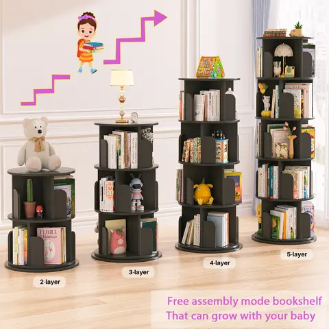 Unikito 4-5-6-Tier Oak Rotating Bookshelf, MDF+Steel Stable 360° Spinning Narrow Stackable Tower, Free-Assembly Tall Floor-Standing Swivel Corner Furniture for Books, Home Library, Small Room Storage Organization