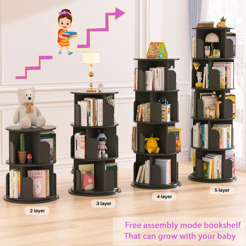 Unikito 4-5-6-Tier Oak Rotating Bookshelf, MDF+Steel Stable 360° Spinning Narrow Stackable Tower, Free-Assembly Tall Floor-Standing Swivel Corner Furniture for Books, Home Library, Small Room Storage Organization