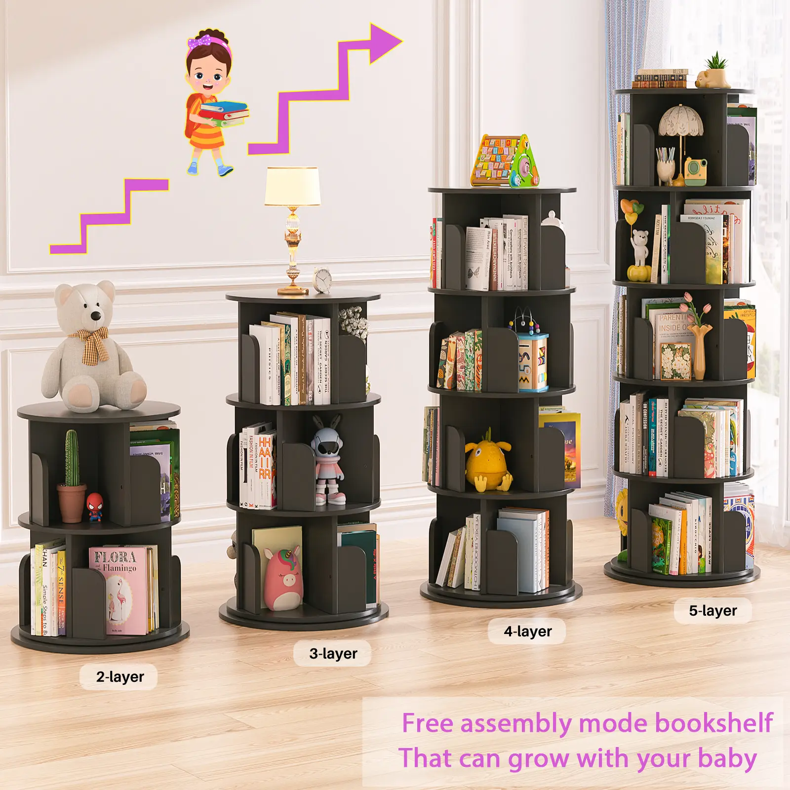 Unikito 5 Tier Rotating Bookshelf, 360 ° Display Stackable Spinning Bookshelf Tower, Narrow Space Saving Tall Floor Standing Swivel Bookcase Corner St