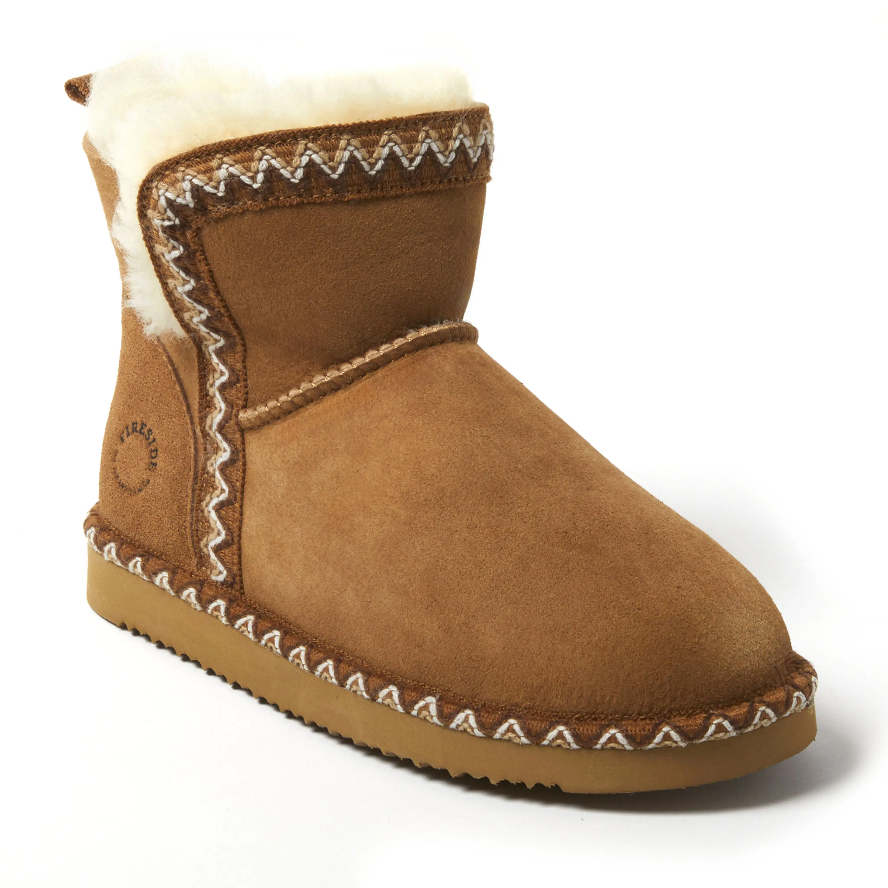 Fireside by Dearfoams Women's Perth Genuine Shearling Fold Down Bootie with Embroidery