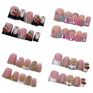 Nailrosy 10Pcs Handmade Glossy Short Flare Shape Acrylic Nail Set, Duck Pink White Black Press-Ons with 3D Flowers, Y2K Cherry Golden Bow Cute Look, Reusable DIY Nail Kit for Women, Festivals Parties, Gift Box Included