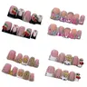Nailrosy Women's 10Pcs Handmade Glossy Short Flare Shape Acrylic Nail Set - Duck Pink White Black Press-Ons with 3D Flowers, Y2K Cherry Golden Bow, Reusable DIY Fake Nails Kit, Festivals Parties Use, Gift Box Included