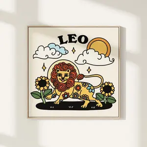 Leo lion Zodiac Print, Leo Poster Gift, Cute Astrology Horoscope Posters, Retro Star Sign Gift, Birth Sign Decor, Square Poster, UNFRAMED
