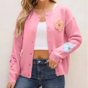 Women's Cute Knitted Floral Pattern Button Up Cardigan