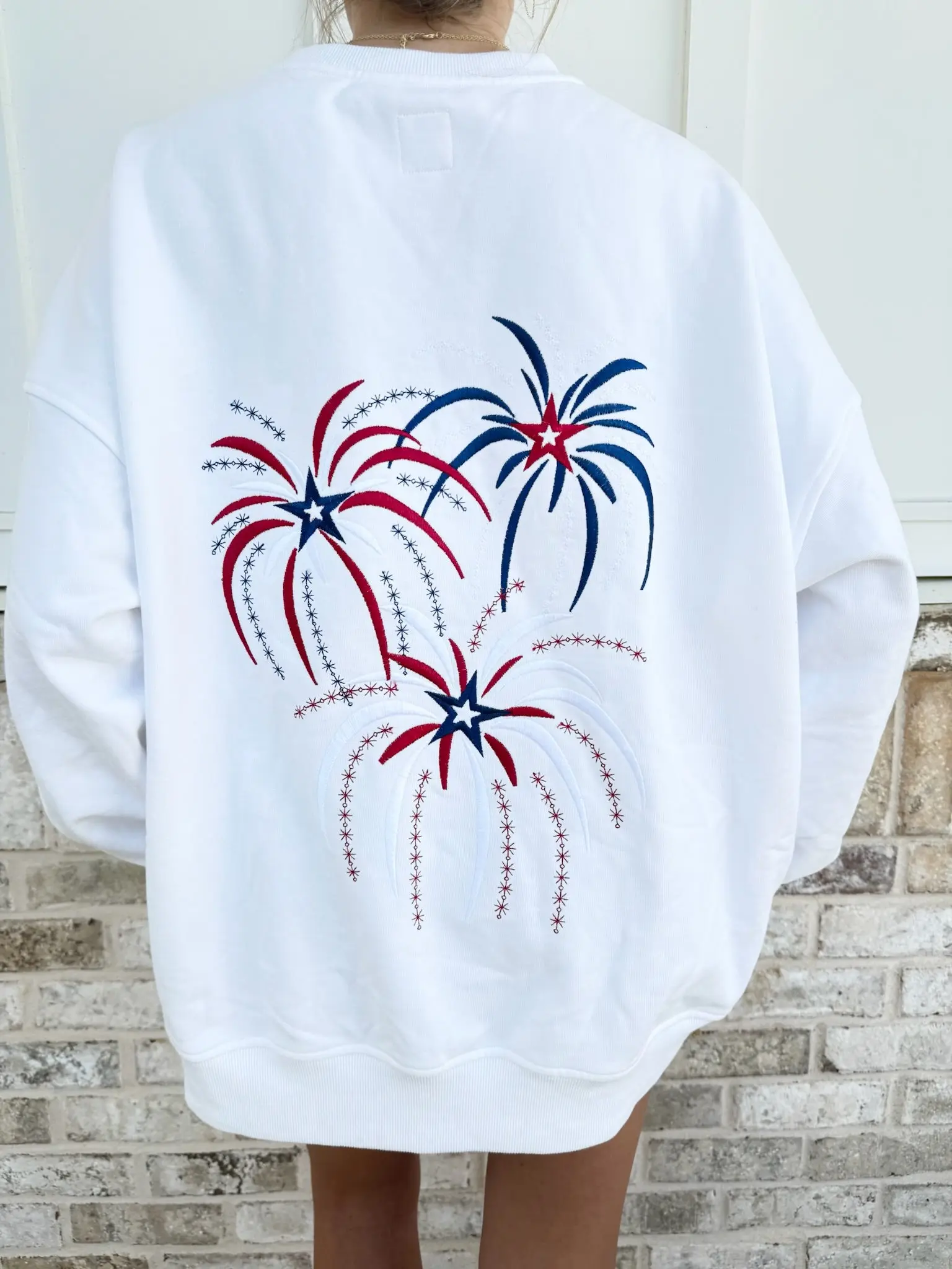 White Fireworks 4th Of July Memorial Day Embroider Sweatshirt