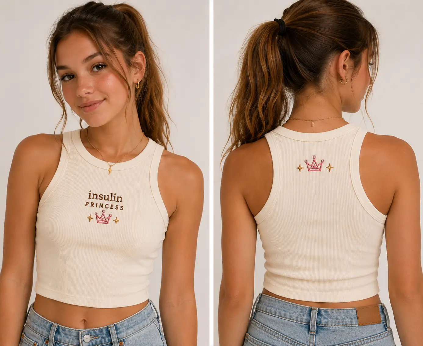 T1D “Insulin Princess” Embroidered Bella + Canvas Ribbed Crop Tank Girls Gym Lightweight Fits Fitted Everyday Heart Womenswear
