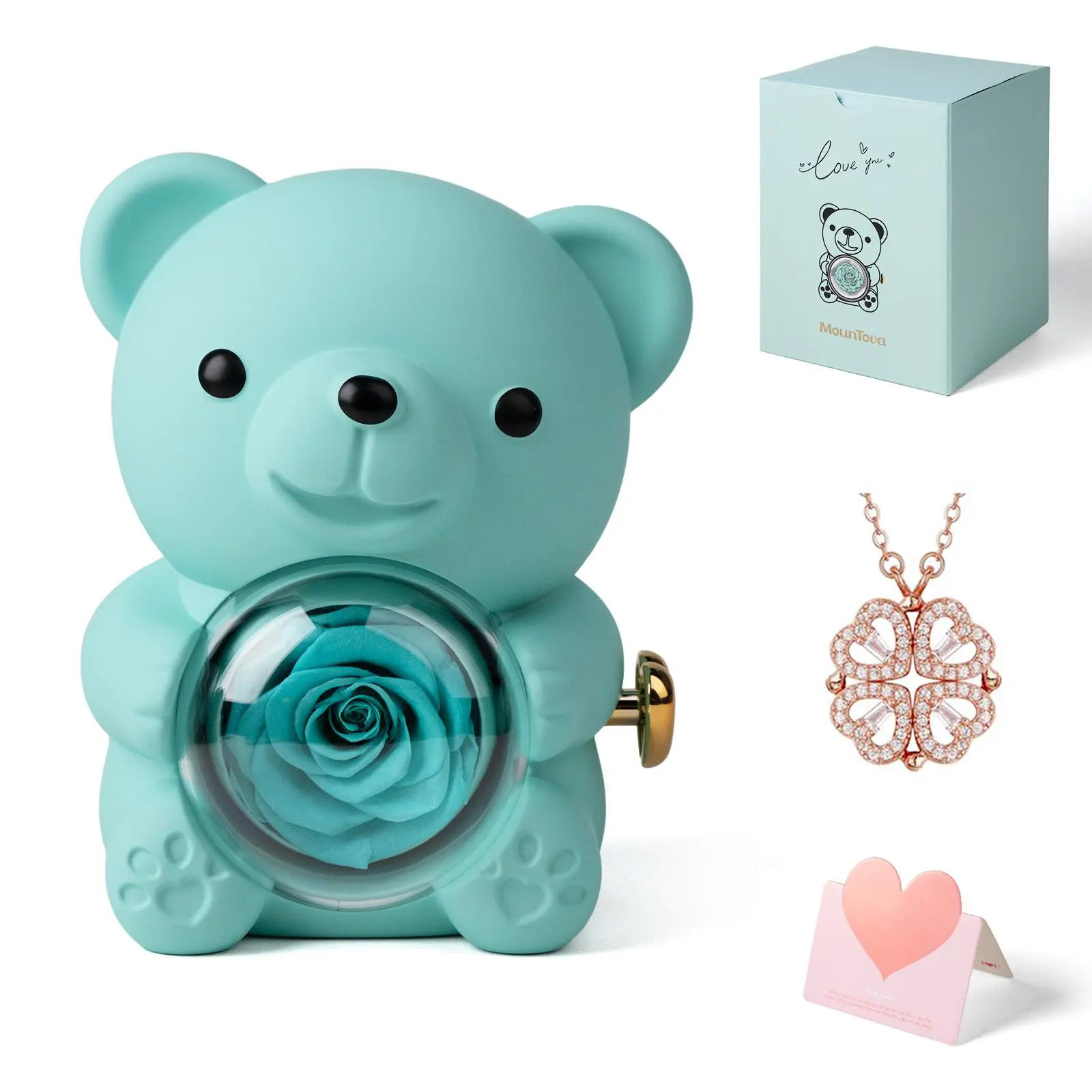 Blue bear+necklace+gift box+card