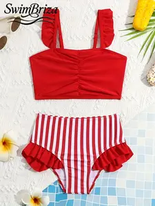 Briza｜Ruffle Strap Ruched Red Striped High Waist Bikini With Bikini Sets And High Waisted Bikini Sets, Two-Piece Swimsuit For Women With Swimsuits 2 Piece Ease, Bathing Suit Women Set, Vacation Swimwear For Women, Retro Swimwear Chic