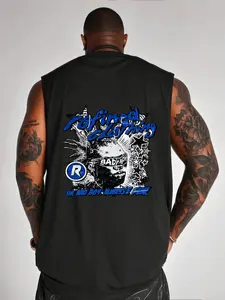 Men's Casual Graffiti Bad Boy Pattern T-Shirt, Street Style Graphic Tee, Sleeveless Fitted Design, No Zipper, No Collar