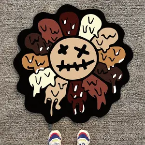 Dark smiley face floral rug, Round floral rug, Gothic decorative carpet, Creative floral pattern mat, Soft and comfortable plush entrance rug, Suitable for living room, bedroom, relaxation area, Floral Print Rug, Creative and unique home decor