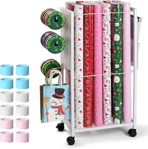Gift Wrapping Paper Organizer Storage Rolling Cart, Rolling Gift Wrap Storage Stand with Ribbon Organizers, Includes 12 PCS Slap Bracelets