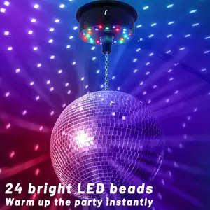 Adjustable Remote-Controlled Disco Ball Motor with Chain - 5RPM to 10RPM Speed, USB/Battery Powered, Includes 24 LED Beads for Lighting Effects, Fits 6", 8", 12" Mirror Balls (Not Included)
