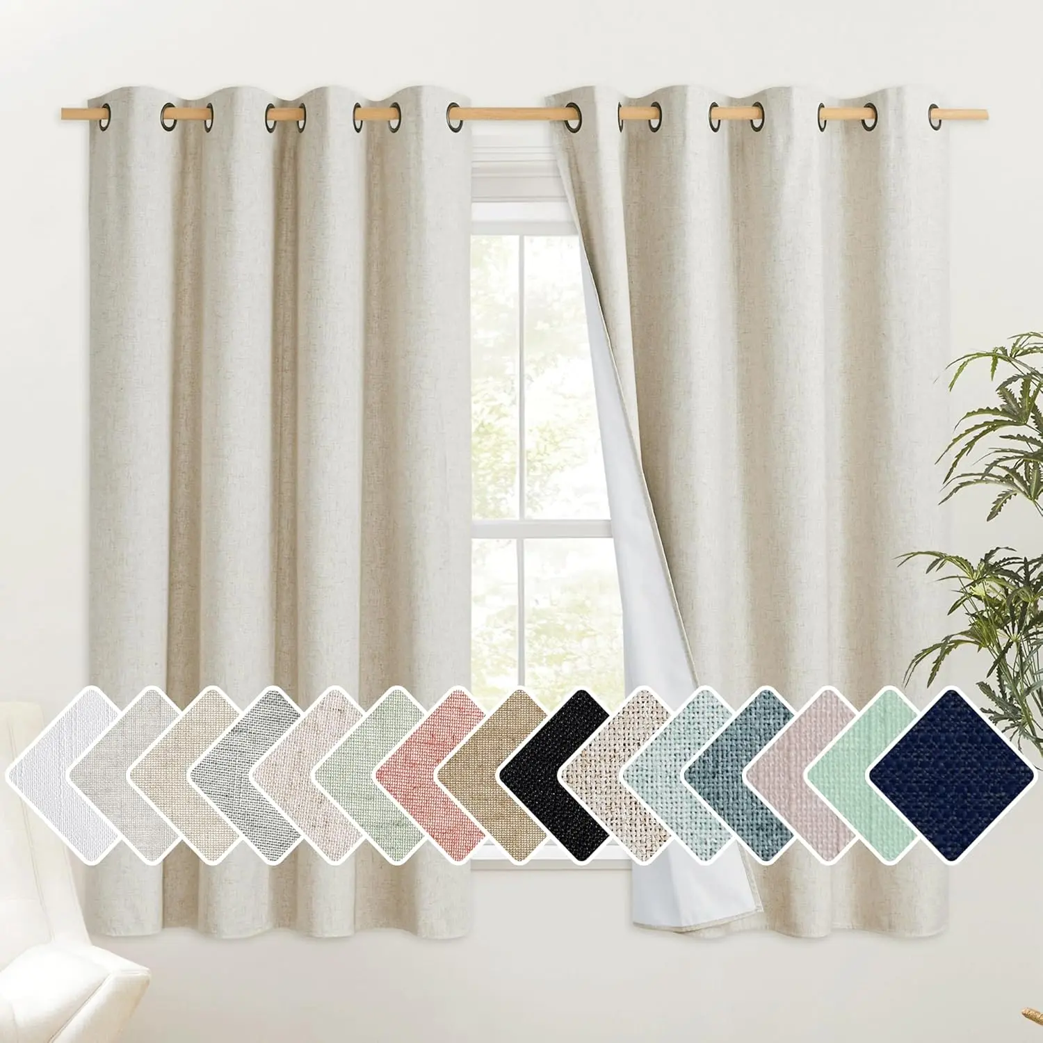 NICETOWN 100% Blackout Burlap Linen Kitchen Window Curtains (63in Length, Burgundy) - 2 Panels, Thermal Insulated White Liner, Farmhouse Style Home Modern Farmhouse Decor, Cold & Heat Blocking Drapes, Long Curtains