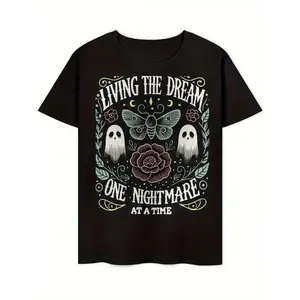 Men's Gothic T-Shirt - Vintage Horror Floral Tee with Skeleton, Loose Fit Crewneck Top for Halloween, Concerts & Everyday Dark Academia Style - All-Season Non-Stretch Cotton Shirt, Goth T Shirt, Halloween Apparel, graphic tee men's t shirts