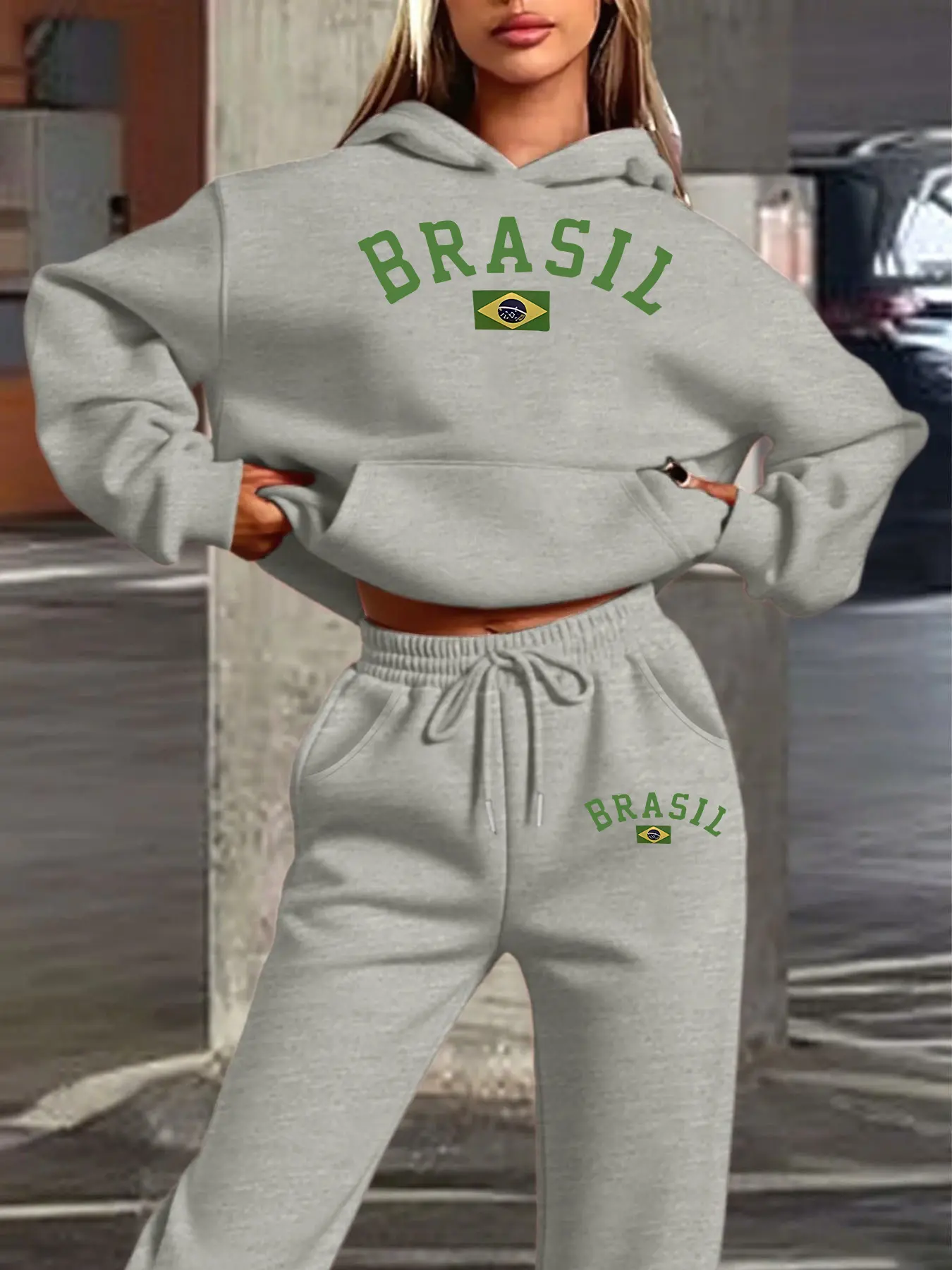 Women's Hooded Sweatshirt Set, Fall & Winter Brazilian Letter Flag Print, Casual Sporty Style, Fitted Design, Perfect for Streetwear and Parties