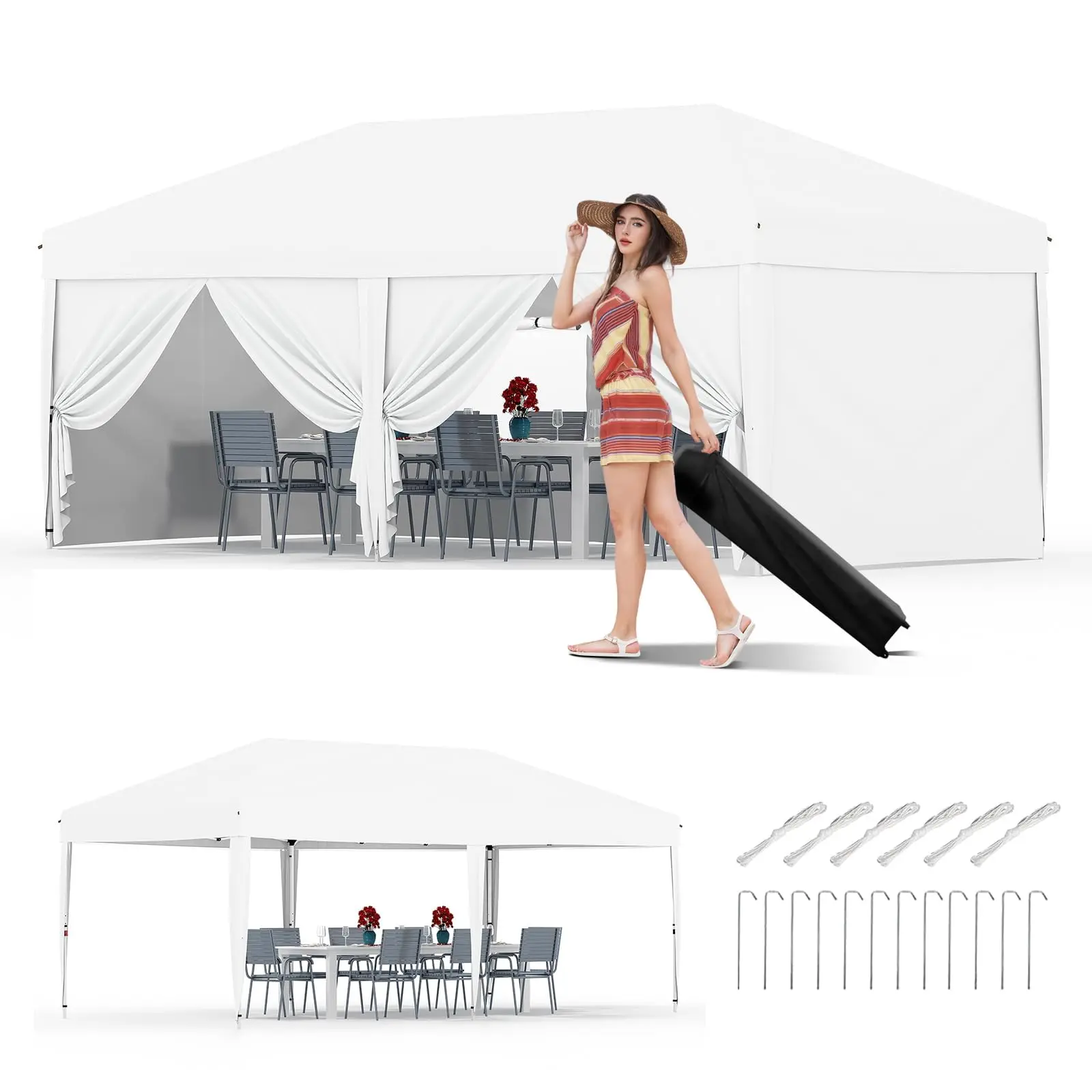 Gaomon 10x20ft Foldable Steel Frame Canopy Tent - Sturdy Heavy-Duty Windproof, 6 Removable Walls, 1-Person Quickset Setup, Portable Awning, Commercial Instant Shelter for Farmers Markets, Festivals, Tailgating, White, 10X20 Ft, Maximum Privacy