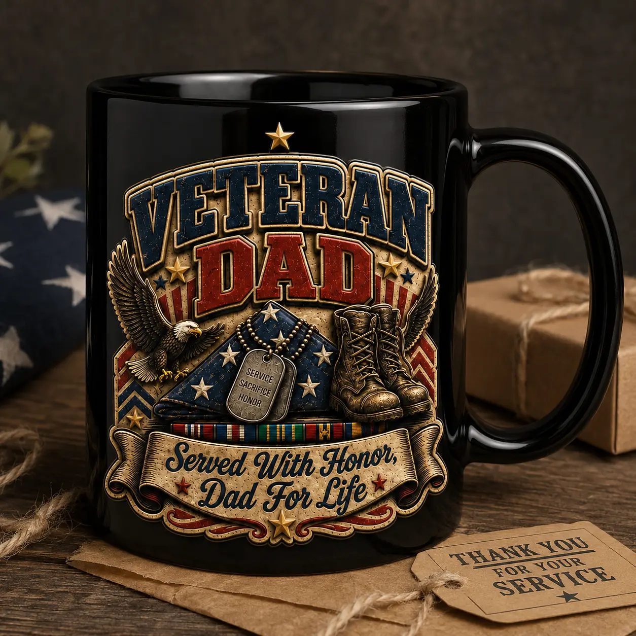 Classic 3D Effect Printed Ceramic Veteran Dad Mug, Patriotic Military Father Drink Cup, Gift for Father’s Day, Veterans Day for Husband