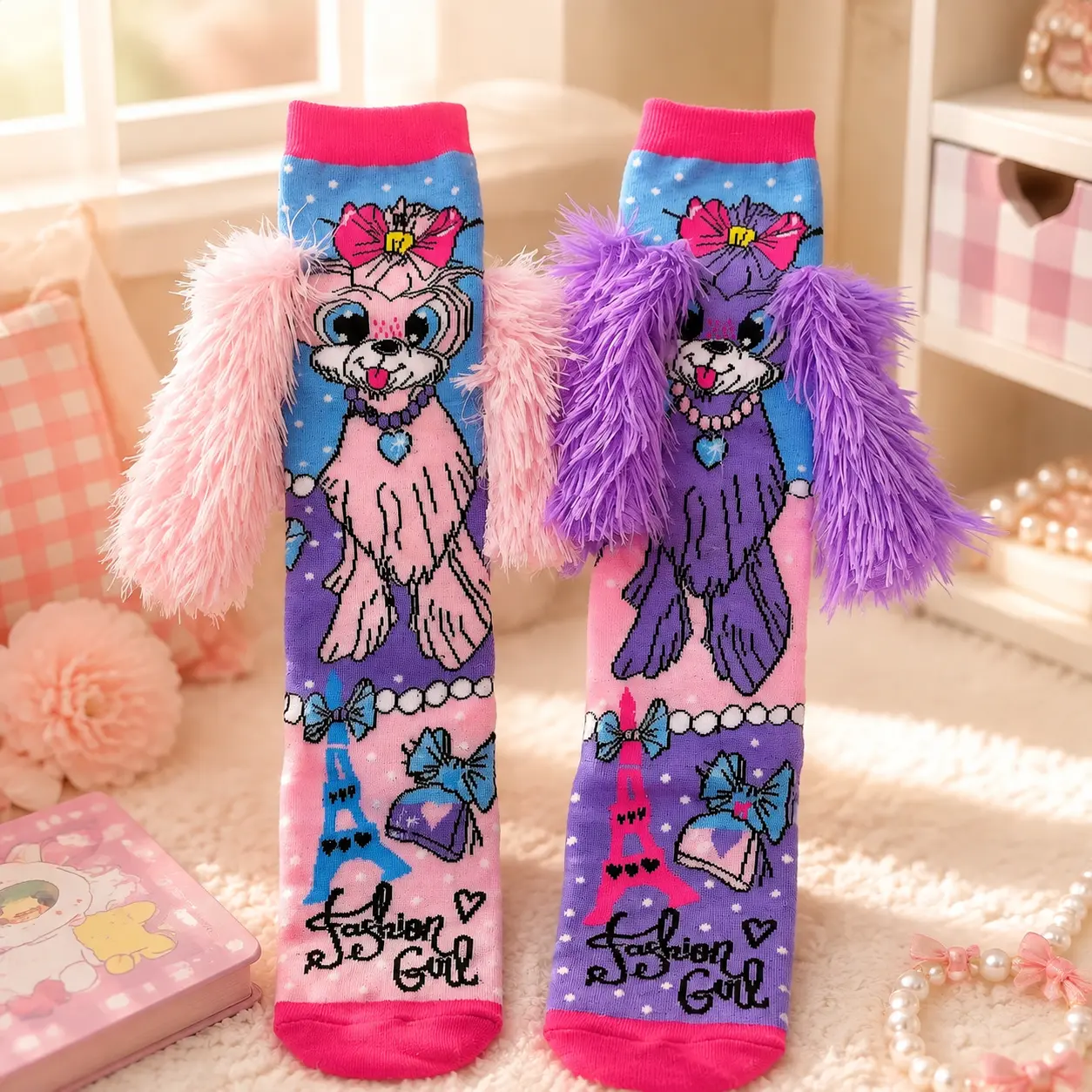 1PCS Kids 3D Fluffy Dog Knee High Socks, Cute Poodle Novelty Long Socks with Furry Ears, Soft Cotton Funny Dress‑up Socks for Girls, Theme Party Daily Wear Birthday Gift sohochic