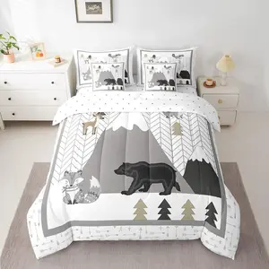 Cute Fox Bear Deer 7 Pieces Bedding Set,Kawaii Animals Comforter Set for Boys Girls,Mountains Trees Bed Set