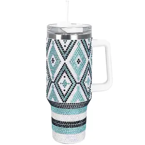 Cupcupmore 40 oz Blue Diamond Bling Rhinestone Stainless Steel Sippy Tumbler Glitter Vacuum Insulated Thermal Water Bottle with Straw & Lid &Handle,Sparkle Car Cup Holder,Keeps Cold 12 Hours Drinks,Coffee