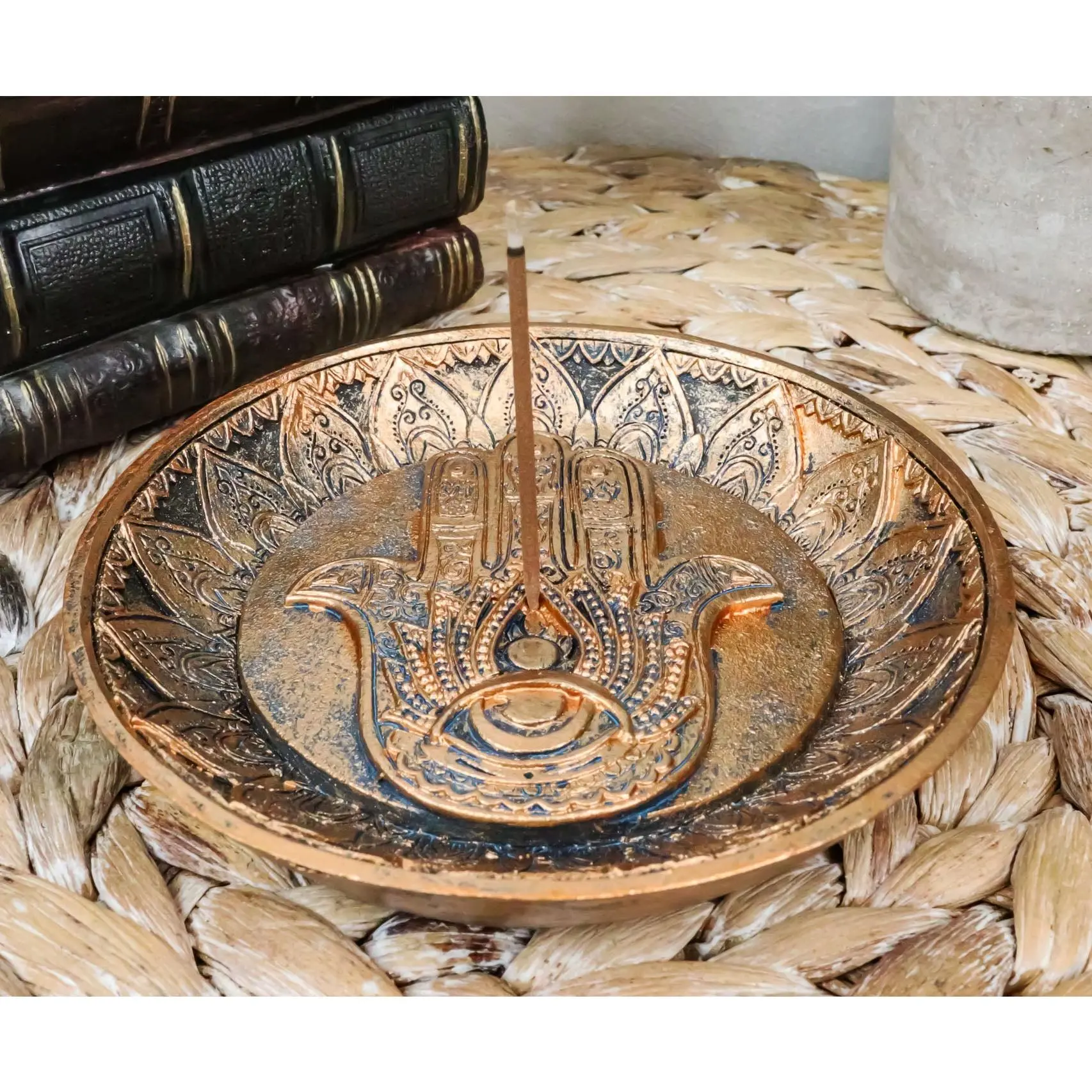 Ebros Gift Sacred Symbol Amulet Hand of God Hamsa Palm Facing Up with Evil Eye Round Incense Stick Holder Burner Figurine 5" D Zen Feng Shui Vastu Home Fragrance Tabletop Altar Decor