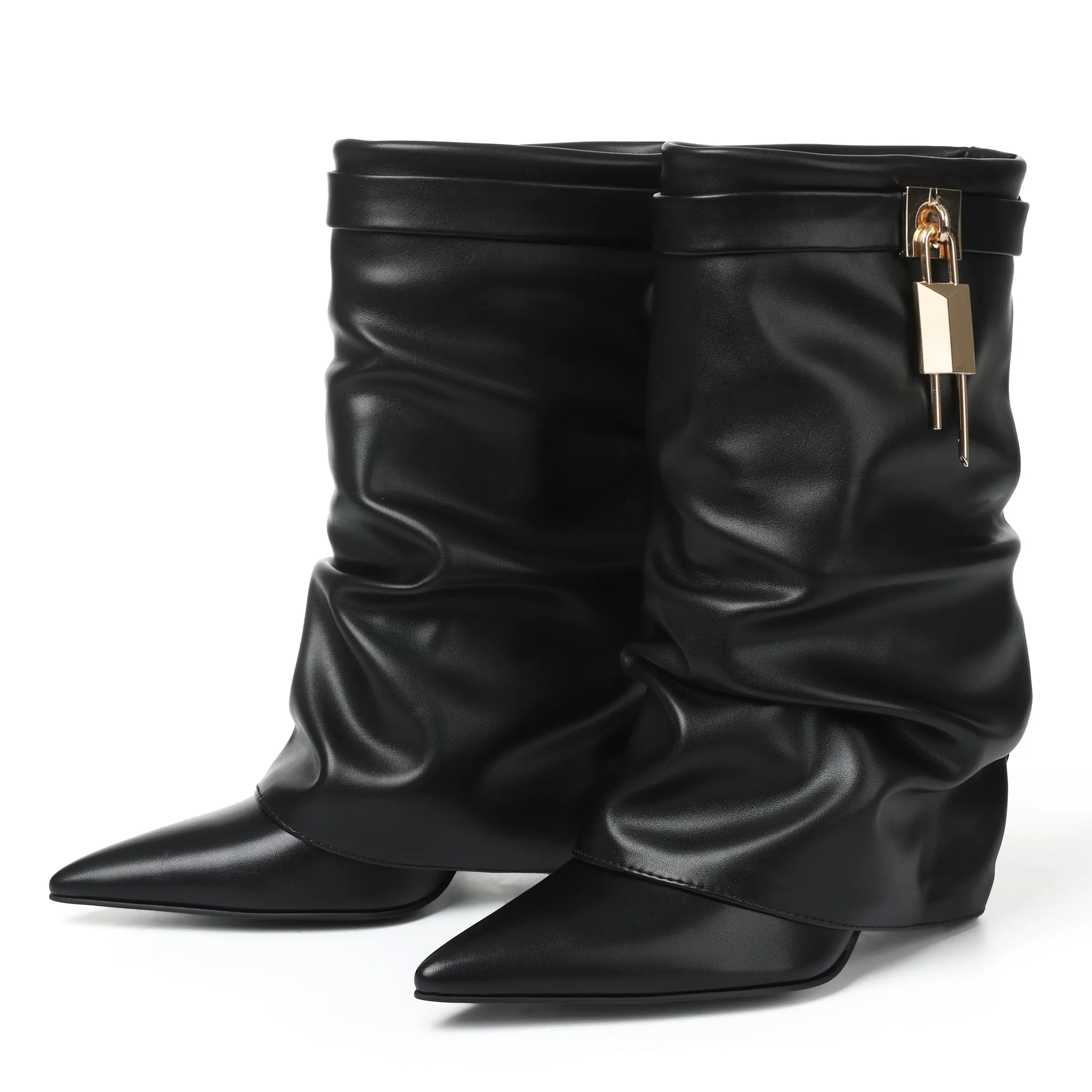 Fold Over Slouchy Boots For Women Pointed Toe Block Heel Pull On Padlock Fashion Dress Party Date Wedding Boots