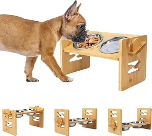 Raised Dog Bowl, Elevated Dog Bowls, Tilted Pet Food Water Bowl, Slanted Bamboo Feeding Station with Stainless Steel Bowls for Small & Medium Dogs, Cat Kitten Flat Faced French Bulldog Puppy Feeder