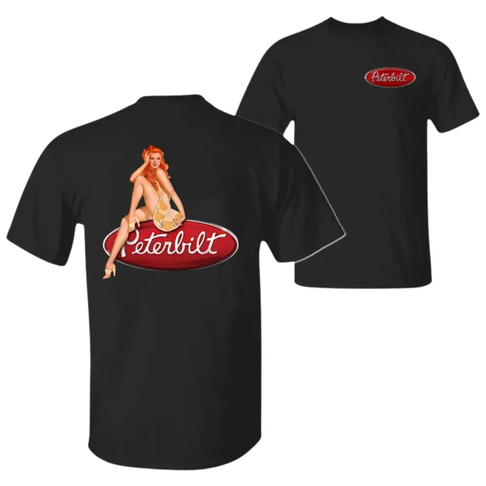 Peterbilt Pin-Up Girl T-Shirt – Red Logo Graphic Tee, Sexy Truck Art, Unisex Summer Cotton Top, Classic Trucker Style, Menswear Outfit