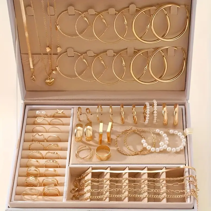 Women's 54-Piece Minimalist Gold-Plated Alloy Elegant Matching Jewelry Set - Accessories for Women with Butterfly Necklace, Bracelet, Heart Ring, Faux Pearl Earrings for Everyday Wear, Parties(No box included)