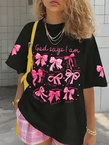 Cute Bow Cartoon Pattern Short Sleeve T-Shirt, Top, Casual Summer Art Style, Loose-Fitting for Teen Girls and Students