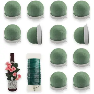 12 Pcs Mini Floral Foam Holder Floral Foam Round with 1 Roll Green Floral Wire Floral Foam Blocks for Table Wedding Wine Bottle Hat Décor