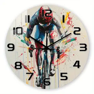 1 acrylic wall clock, sports-themed - dynamic cyclist design with colorful splatter-paint pattern, tempered glass surface, silent clock, suitable for living room and gym decoration, a vibrant gift for cycling enthusiasts or sports fans on sports-related h