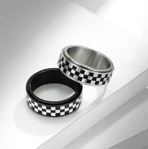 Quality 316L Stainless Steel Match Flag Square Checkered Polished Rotation Ring (Size 8-12)