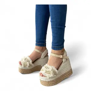 White and Brown Jute Sandal 8cm Platform with Golden Details & Fringes for Women's Summer Walking Shoes Bohemian Chic Design